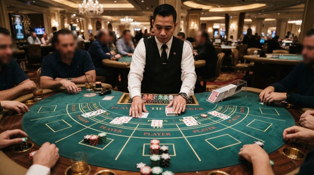 Baccarat Trực Tuyến: Cẩm Nang Luật Chơi Và Chiến Thuật Tối Ưu Bàn chơi baccarat trực tuyến với các lá bài và chíp cược trên mặt bàn xanh