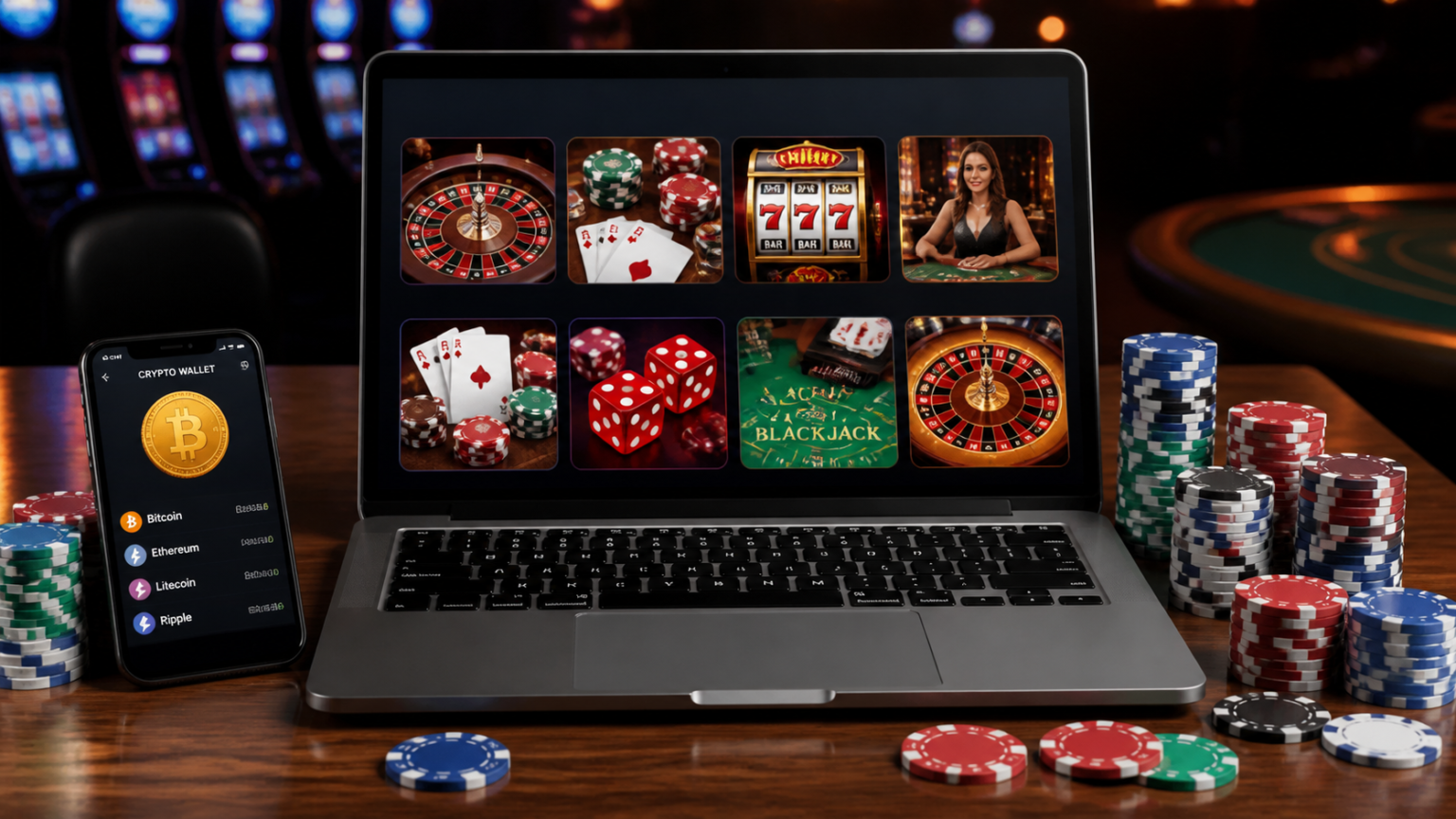 Guida ai Nuovi Casino Italiani: Cosa Valutare Prima di Registrarsi Crypto online casino setup with laptop, wallet screen, and casino chips