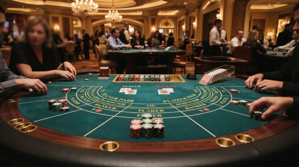 Khám Phá Game Bài Baccarat: Luật Chơi Và Chiến Thuật Hiệu Quả Bàn chơi baccarat sang trọng với các lá bài và phích cược tại sòng bài
