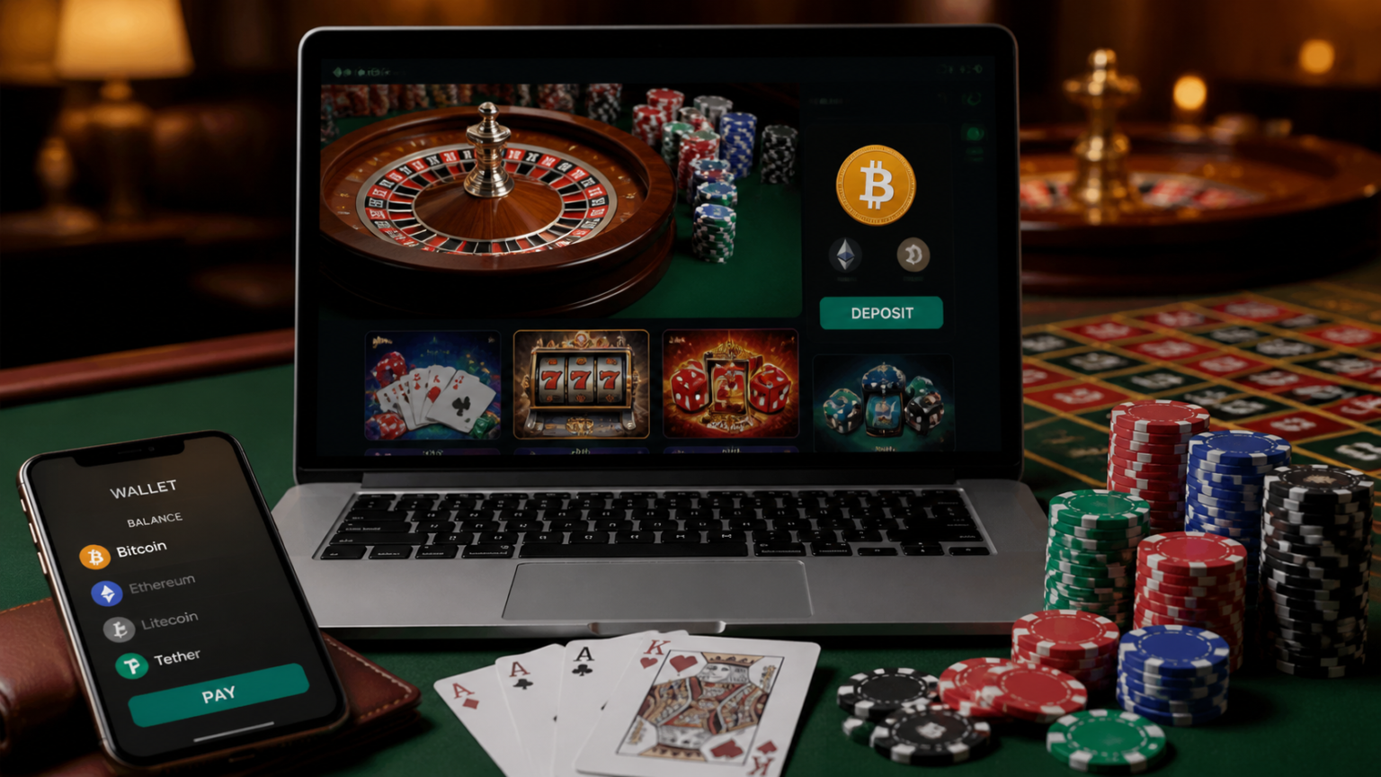 Online Crypto Casino Games: What Players Should Know Laptop displaying an online crypto casino with chips and cards