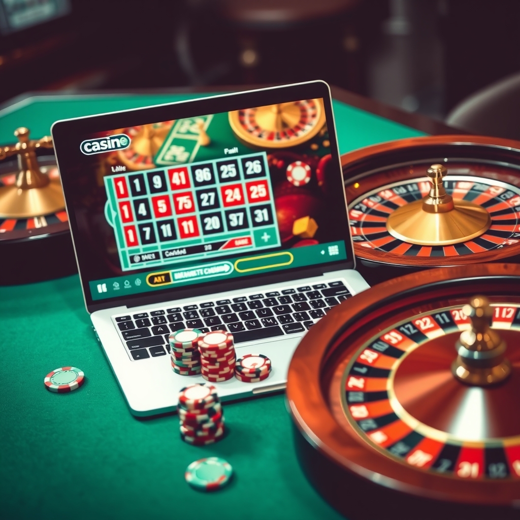 Singapore online casino: A Practical Guide to Comparing Games Laptop showing an online casino roulette game beside a roulette wheel and chips on green felt