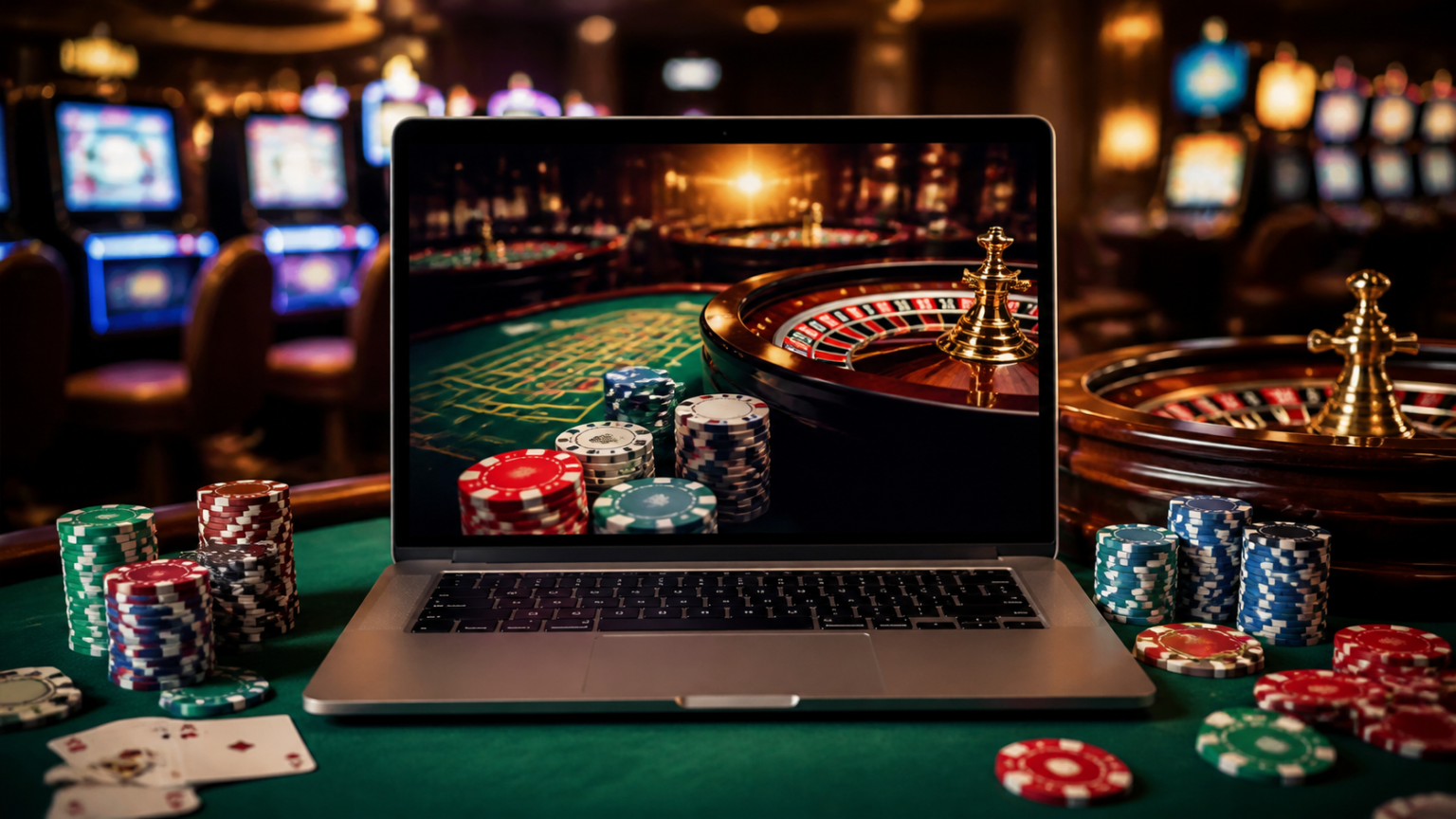 Online casino site displayed on a laptop with casino chips and roulette wheel